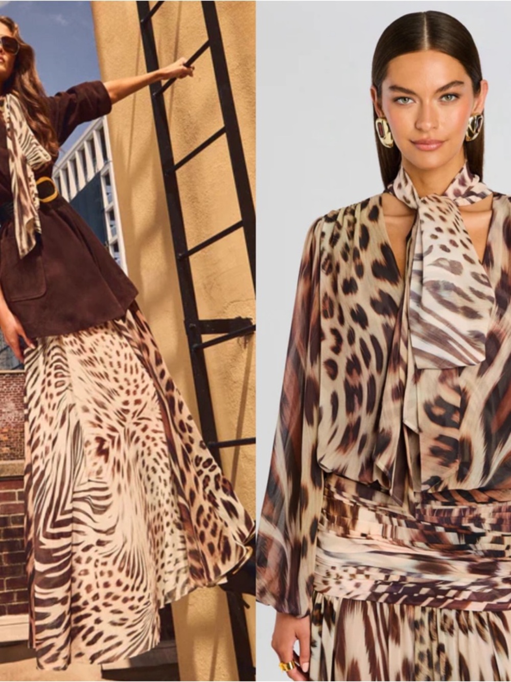 RETROFETE Opaline Long Sleeve Animal Print Ruched Draped Neck Maxi Dress Sz XS - Picture 2 of 9